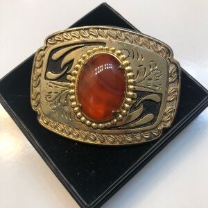 Vintage Western Style Belt Buckle with Orange Cornelian Polished Stone